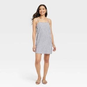 a new day Linen Sleeveless Dress Blue/White Striped (M)